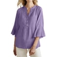 thumbnail image 2 of Xdegoge Linen Blouse for Women Henley V Neck Three Quarter Bell Sleeve Professional Work Office Dressy Vibe Regular Fit Solid Pintuck Pleated Front Design Smooth Flowy Fabric Summer Spring Tops, 2 of 7