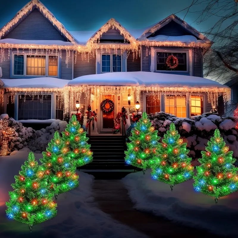2-Pack Solar-Powered LED Artificial Christmas Trees, 120 LED Color Changing Mini Outdoor Holiday Decorations, Plastic Freestanding Festive Decor with Automatic Aaytime Charging for Pathway, Porch