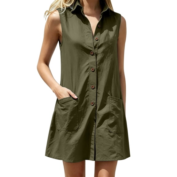 Hduncf Womens Summer Dress Loose Fit Sleeveless Lapel Button Up Dress Casual Sundresses with Pockets Vacation Solid Color Tank Dresses Green M