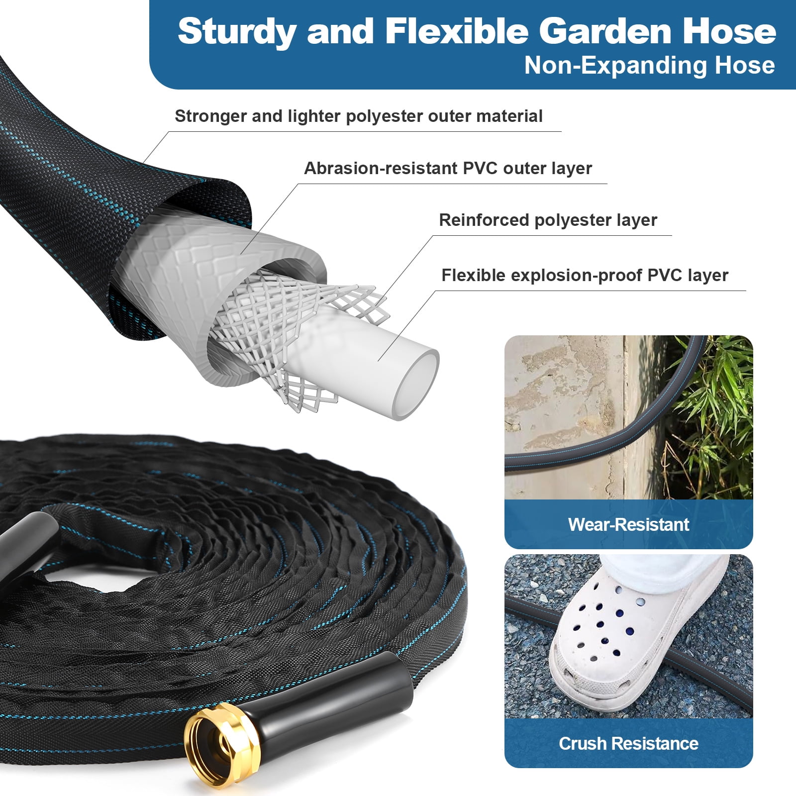 Lighter Garden Hose 50ft, Non-retractable, Aluminum-plated Copper Leak-Proof Metal Interface Design, no Knots, Portable, Wear-resistant, Sturdy, more Flexible, 3/4GHT, Hose for Yard, Garden, Outdoor
