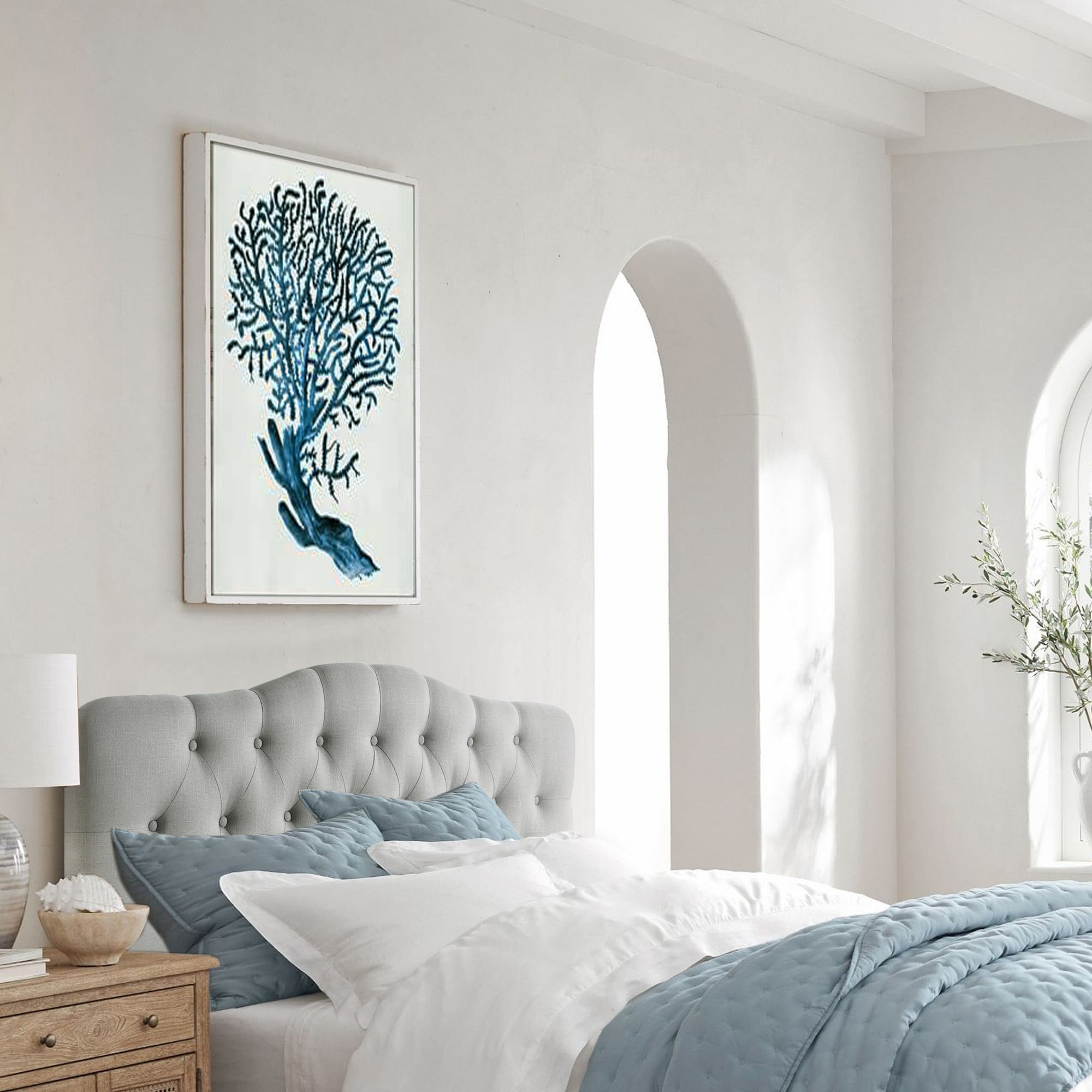 Gewnee Gray Queen Platform Bed,Linen Fabric Padded Headboard,Solid Wood Slat Support & Sturdy Construction,Ideal for Bedroom,Box Spring Required