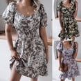 thumbnail image 4 of Women Puff Short Sleeve Sexy V-Neck Midi Swing Dress Boho Floral Print Shirred Elastic Waist A-Line Ruffle Hem Sundress, 4 of 18
