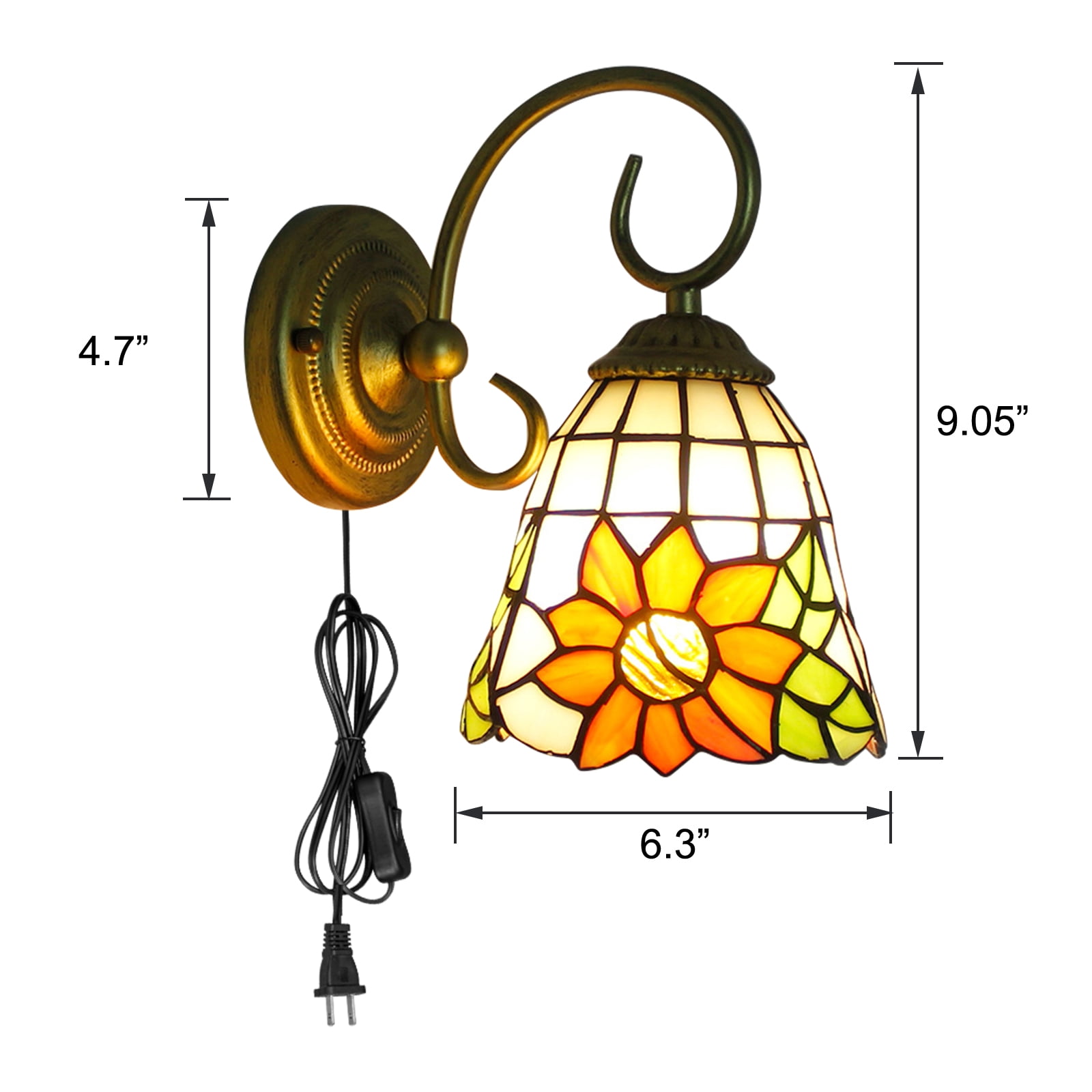Kiven Plug in Black Wall Lamp Tiffany Style Dimmable Plug in Wall Sconce with Timer, Glass Lampshade, 5.9ft Plug-in Cord, E26 Socket