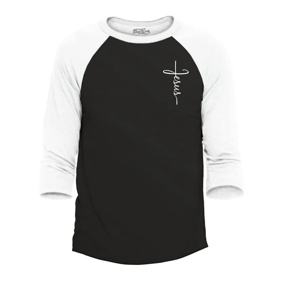 Shop4Ever Men's Jesus Cross Cursive Script Small Raglan Baseball Shirt Small Black/White