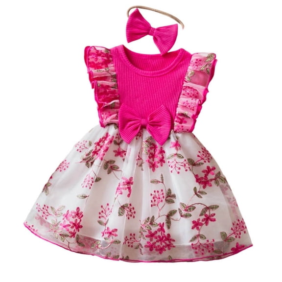 Edvintorg Girls' Dresses Cute Fly Sleeve Crewneck Princess Dress Fashion Floral Tulle Dress for Party Size 9M-2Y