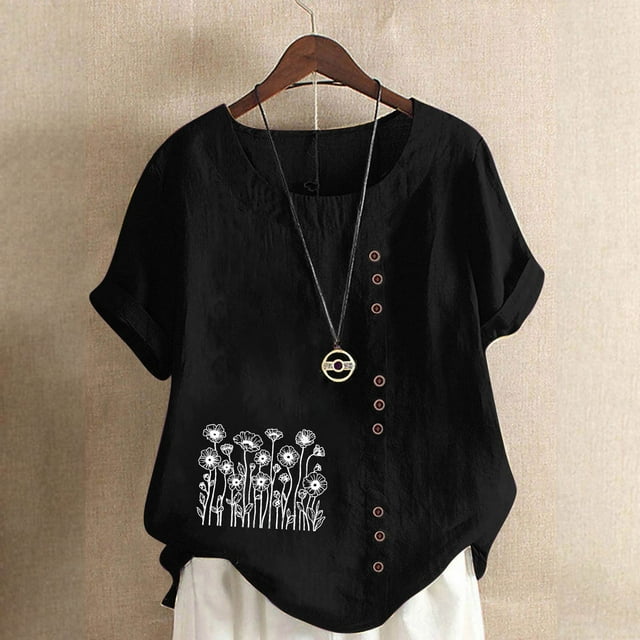 Staron Hauts Tendance pour Femmes 2025 Liquidation Coton Lin Tunique Ample Tendance Chic Grande Taille Imprimé Floral Col Rond T-Shirts Hauts Manches Courtes Retroussées Chemises Décontractées d'Été