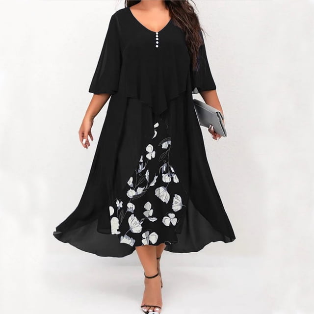 Robe à Manches Longues Femme Mode Robe Imprimée à Manches Longues Boutons Col Rond Élégante Robe Rétro Longue Robe T-Shirt Femme Robe à Manches Longues Femme Robe à Manches Longues pour Femme Aguichant