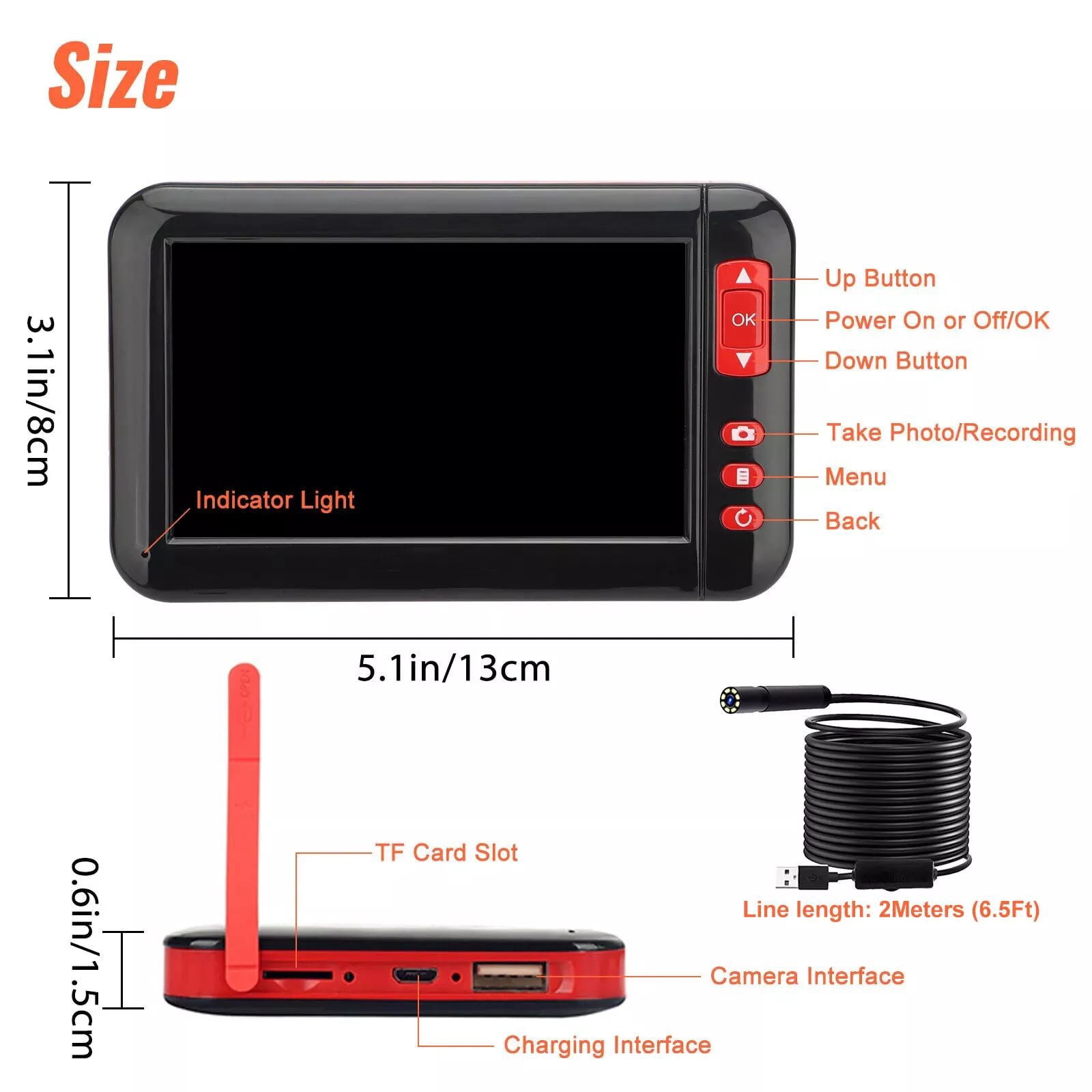 GUYUTING 1080P HD Waterproof Industrial Endoscope 4.3 LCD Screen 8mm 2M Flexible Cable Borescope Inspection Tool