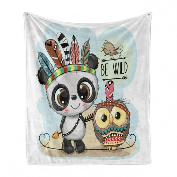 Be Wild Soft Flannel Fleece Throw Blanket, Tribal Cartoon of a Panda an Owl and a Bird with Feathers Bohemian Feels Print, Cozy Plush for Indoor and Outdoor Use, 50" x 70", Multicolor, by Ambesonne