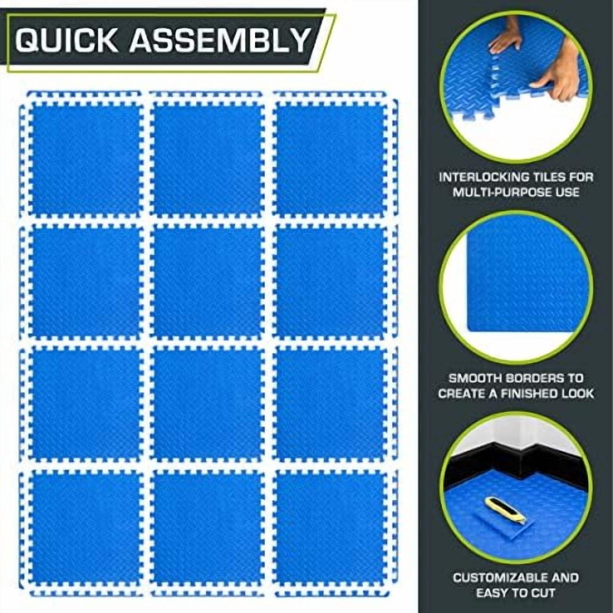 Puzzle Exercise Mat ½ in, EVA Interlocking Foam Floor Tiles for Home Gym, Mat for Home Workout Equipment, Floor Padding for Kids, Blue, 24 in x 24 in x ½ in, 48 Sq Ft - 12 Tiles