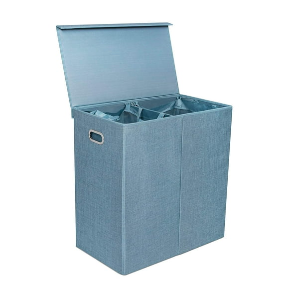 BirdRock Home Double Linen Laundry Hamper with Lid and Removable Liner - Light Blue