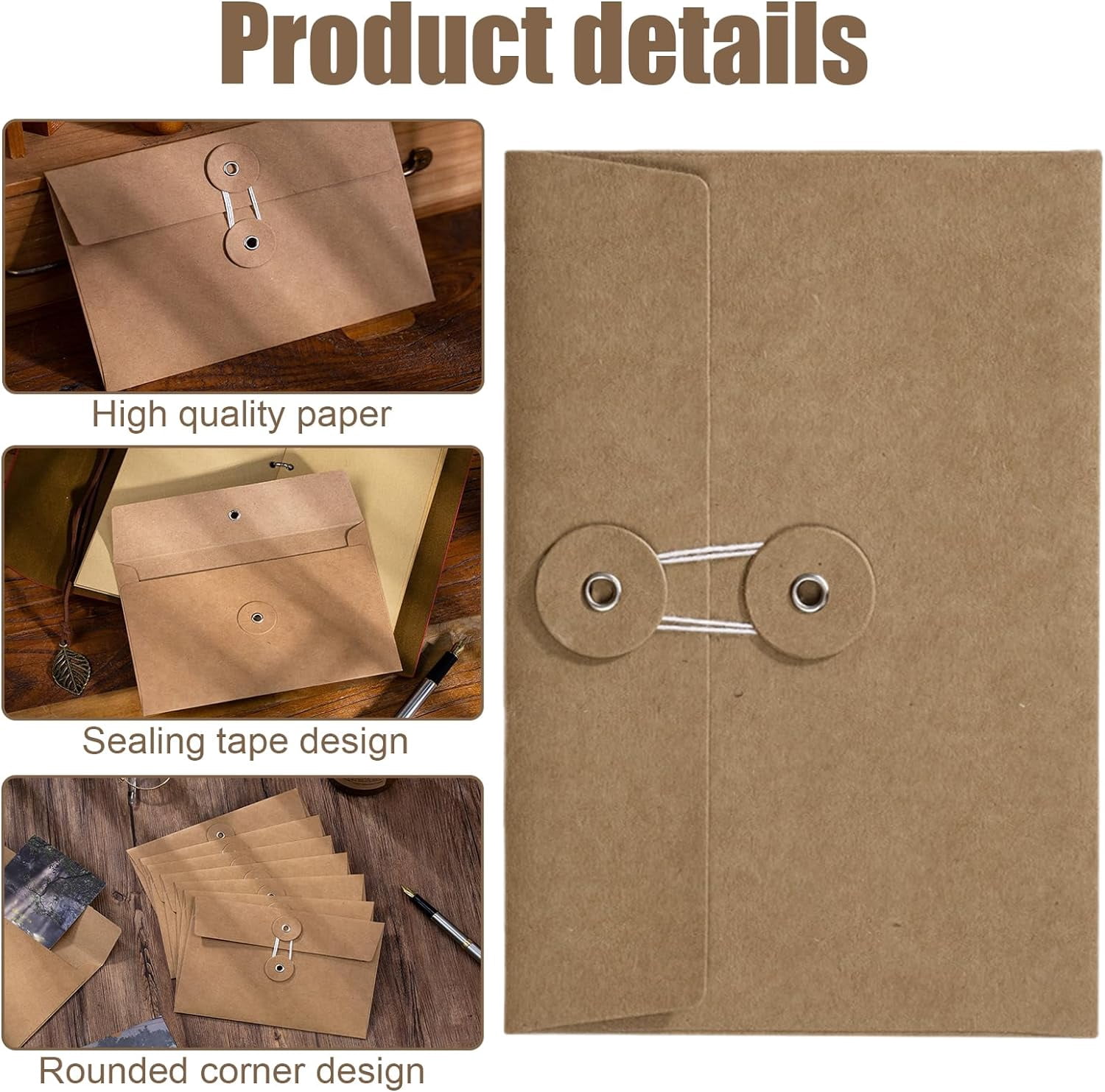 36 Pcs Brown Envelopes 6"x4" with Button and String Closure, String Tie Craft Envelopes, Decorative Vintage Envelopes Pockets for Letters Postcard Greeting Card Invitations (36)