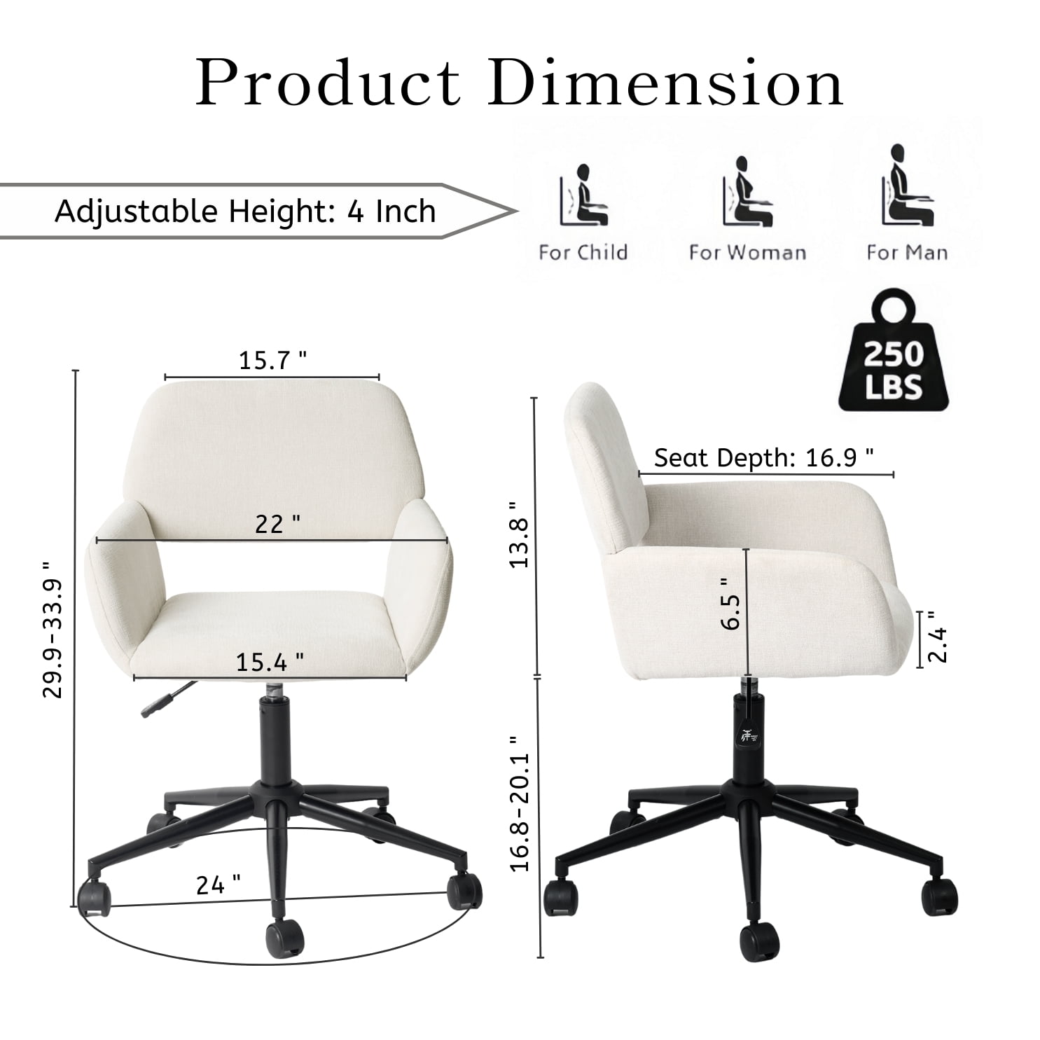 Homy Casa Modern Upholstered Makeup Desk Chair with Adjustable Height Armrests for Vanity Bedroom, Beige Fabric
