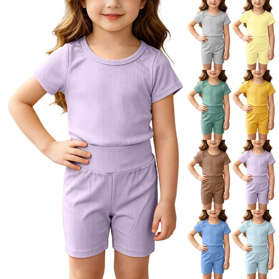 THDHVS Girls Fall Outfits,Toddler Unisex Solid Ribbed Cotton Short Sleeve Top Shorts Loungewear 2 Piece Set,Toddler Girl Outfits Orange 18-24 Months