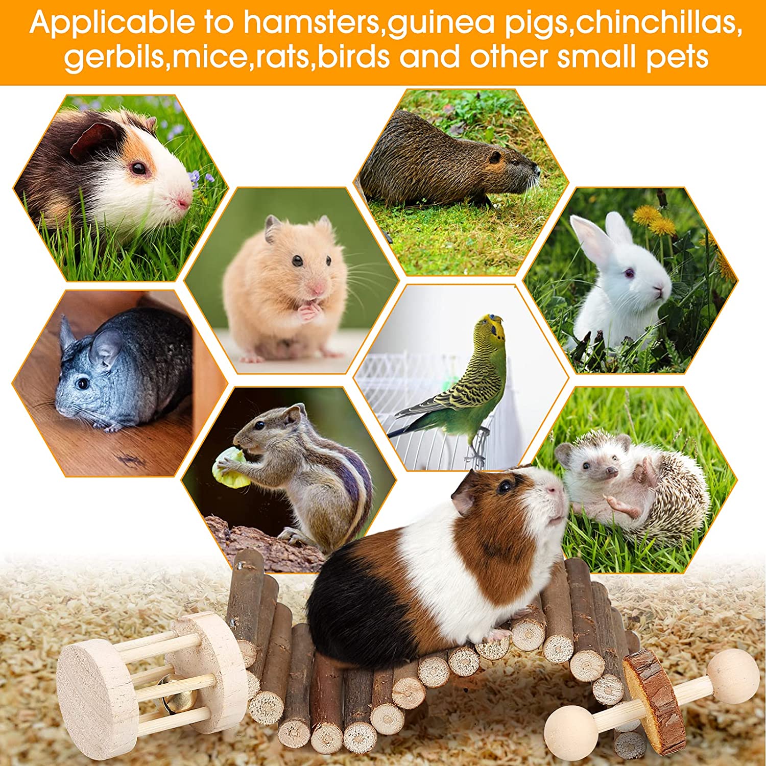 Hamster Chew Toys Set Small Animal Molar Toys Teeth Care Wooden Accessories for Guinea Pigs,Chinchillas,Gerbils,Mice,Rats,Mouse Rodents Toy Swing Seesaw Bridge (Wood)
