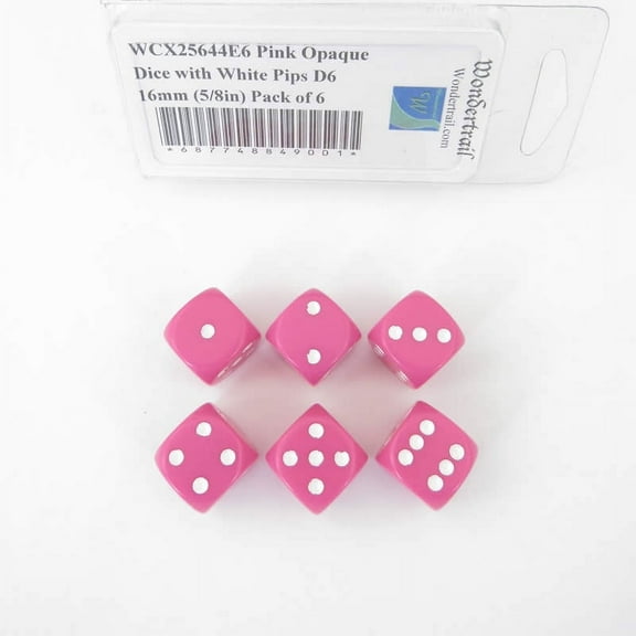 Pink Opaque Dice with White Pips D6 16mm (5/8in) Pack of 6 Wondertrail