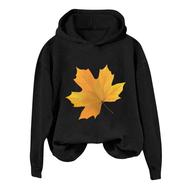 WEAIXIMIUNG Chandails en Molleton Col Rond Graphique Surdimensionné pour Femmes et Hiver Mode Action de Grâce Jaune Imprimé Feuille d'Érable à Capuche