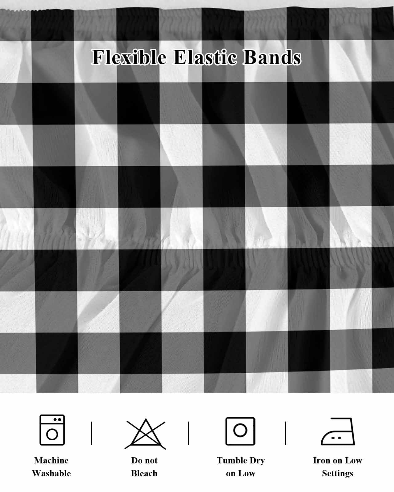 Black White Plaid Wrap Around Bed Skirts for Queen Bed 16" Drop,Bed Skirt with Adjustable Elastic Belt Dust Ruffle Bed Valance for Bedroom Hotel Gradient Geometric Buffalo Checkered Bed Frame Cover