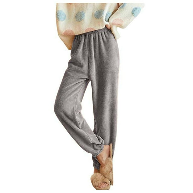 Pantalones de franela con cintura elástica para mujer - Pantalones de pijama informales y cálidos de color liso para invierno, poliéster, S-XXL