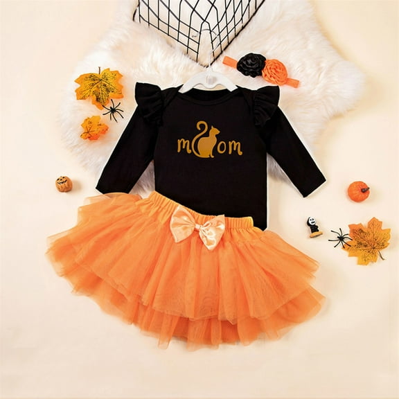 Toddler Baby Girl Halloween Clothes 𝐍ewborn Long Sleeve Romper Tops Tulle Tutu Skirt Sets 𝐈𝐧fant Girls 3Pcs Outfit