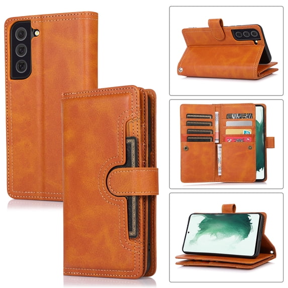 SaniMore for Samsung Galaxy S22 6.1" Magnetic Closure Flip Wallet Case, Premium PU Leather Case with Wrist Strap Card Slot & Multi-Angle Kickstand Full Body Protective Case, Orange