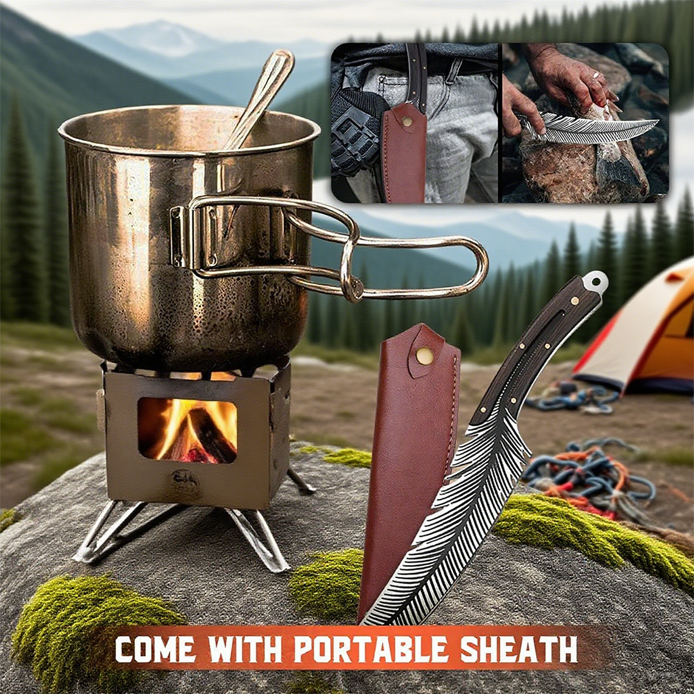 Japan Feather Knife Hand Forged Viking Knife High Carbon Steel Butcher Knife Boning knife for Meat Cutting Japanese Chef Knives Cooking Knife with Sheath for Kitchen Camping Gift for Dad or mom