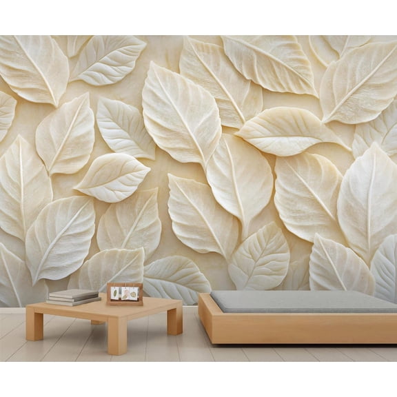 Nordic Modern Stereo Leaves 3D Wallpaper, Relief Plants Photo Wallpaper, Light Luxury Art Wall Decoration Murals For Home Decor Living Room Bedroom 55"W x 28"H (Not Peel and Stick)