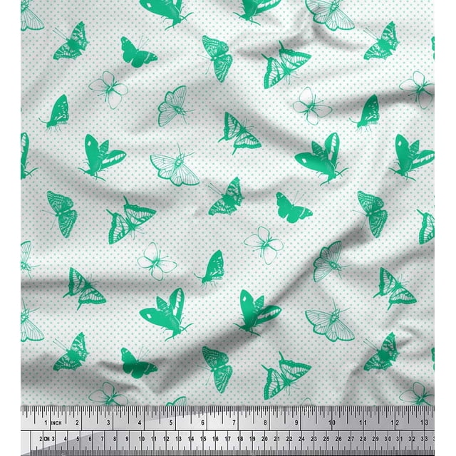 Soimoi Green polyester Crepe Fabric Dot & Butterfly Print Fabric by the Yard 52 Inch Wide