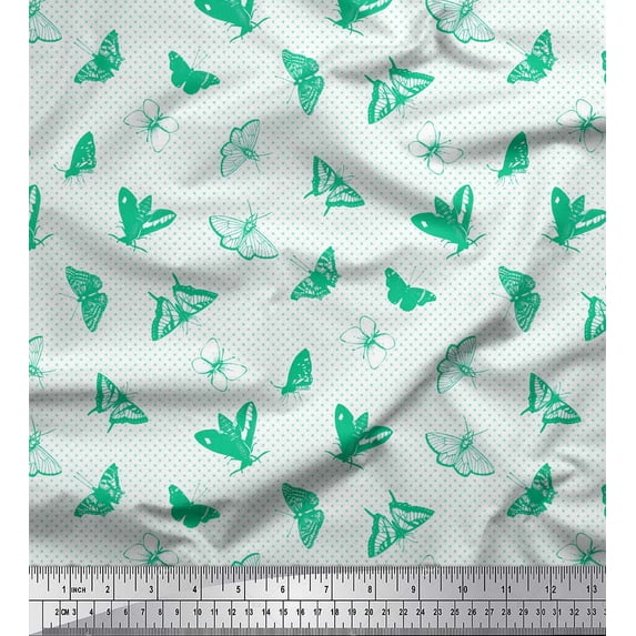 Soimoi Green Cotton Poplin Fabric Dot & Butterfly Printed Craft Fabric by the Yard 56 Inch Wide
