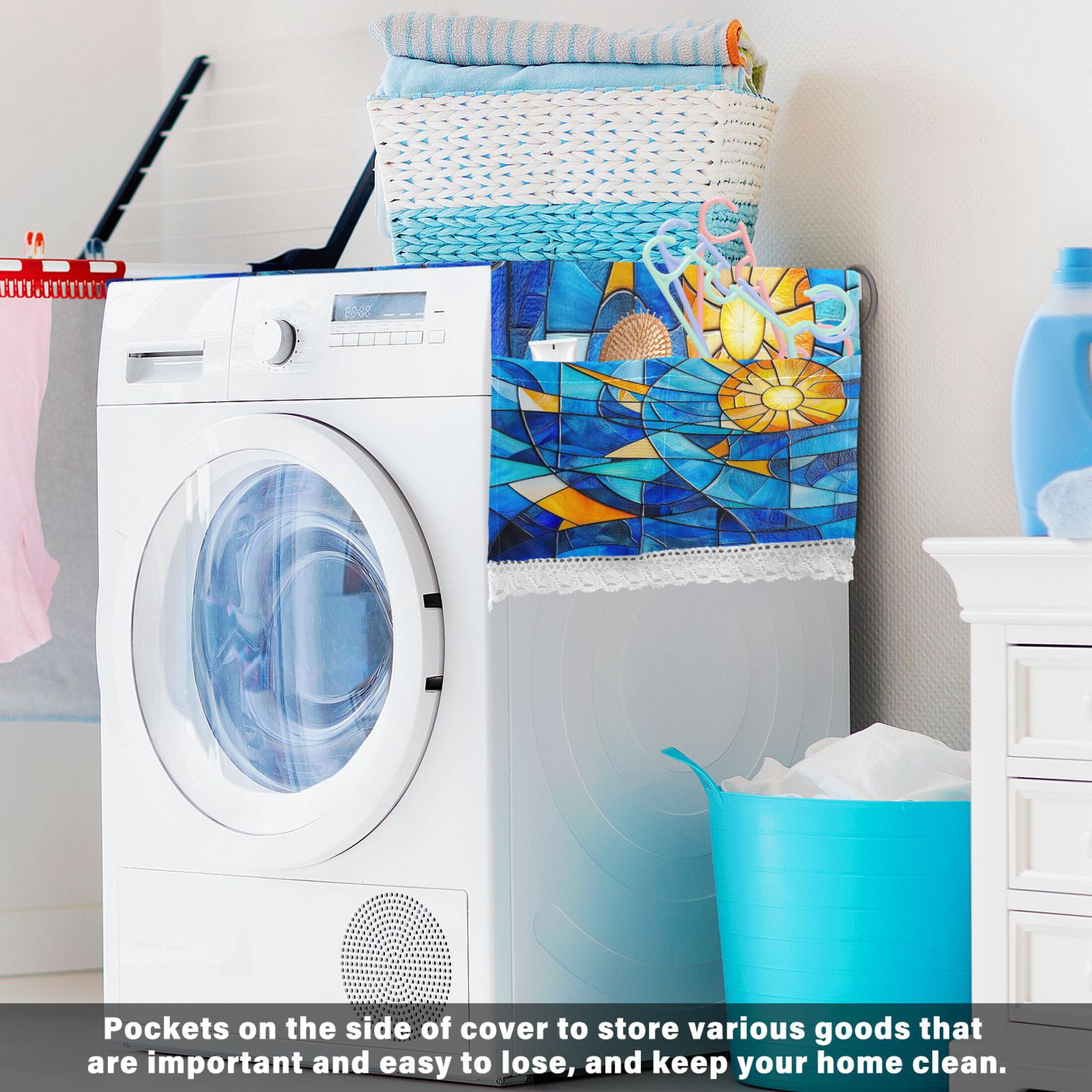 WOBOGO Blue Glass Sun Pattern Washing Machine Cloth Dryer Refrigerator Top Cover Protective Non-Slip Mat For Kitchen Laundry