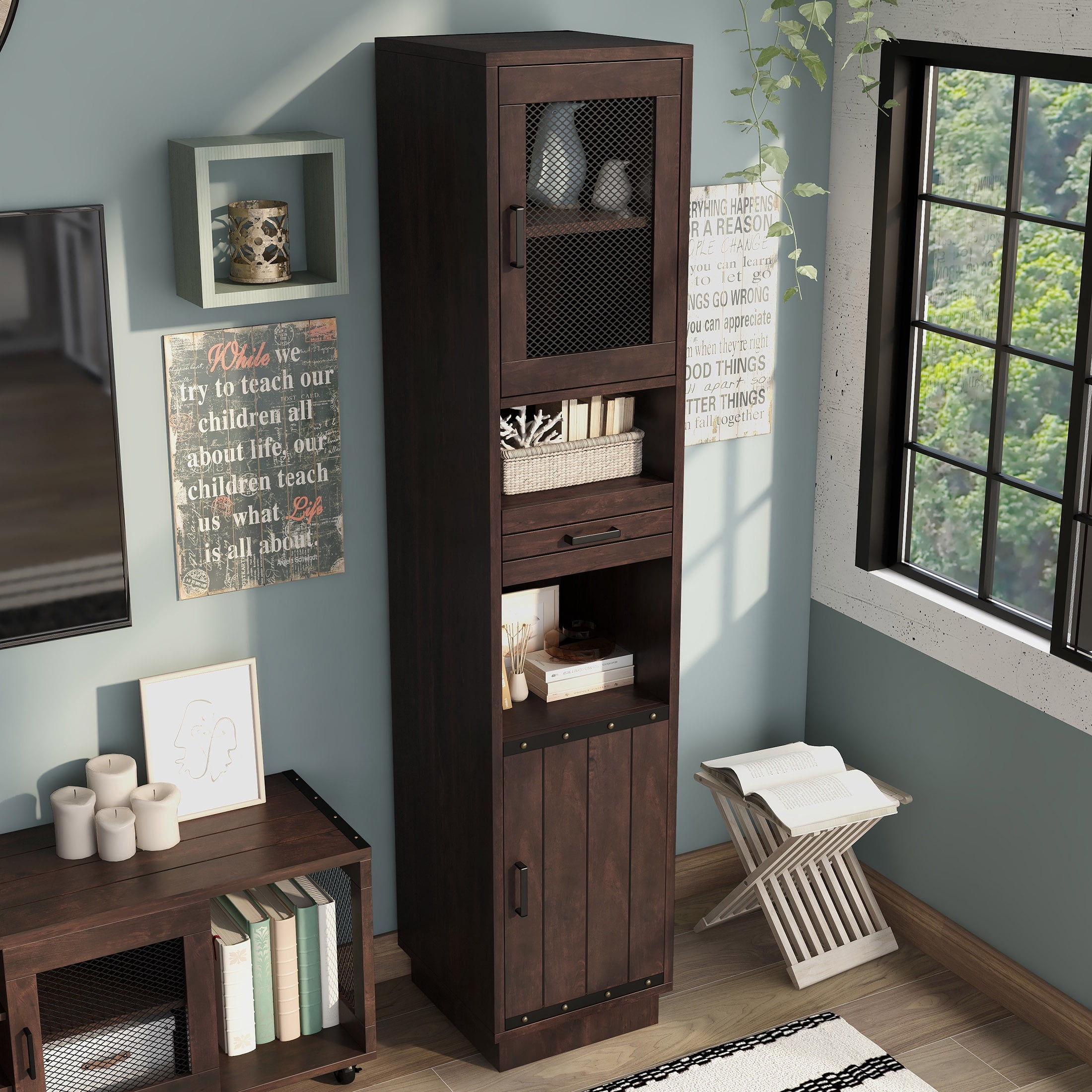Furniture of America Mecka Tower Cabinet with 2 Doors, Vintage Walnut