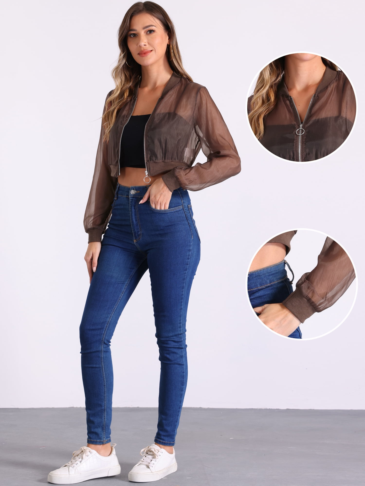 DARING DIVA Crop Bomber Casual Lightweight Zip Up Jackets L Brown