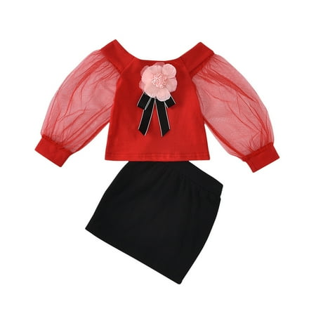 

Kids Toddler Baby Girls Long Tulle Sleeve Patchwork Tops Solid Skirt 2PCS Outfits Set For 4-5 Years