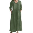 thumbnail image 2 of Robe à Manches Longues pour Femmes Mode Printemps/été Col en V Manches 3/4 Coton Lin Robe T-Shirt en Liquidation, 2 of 6