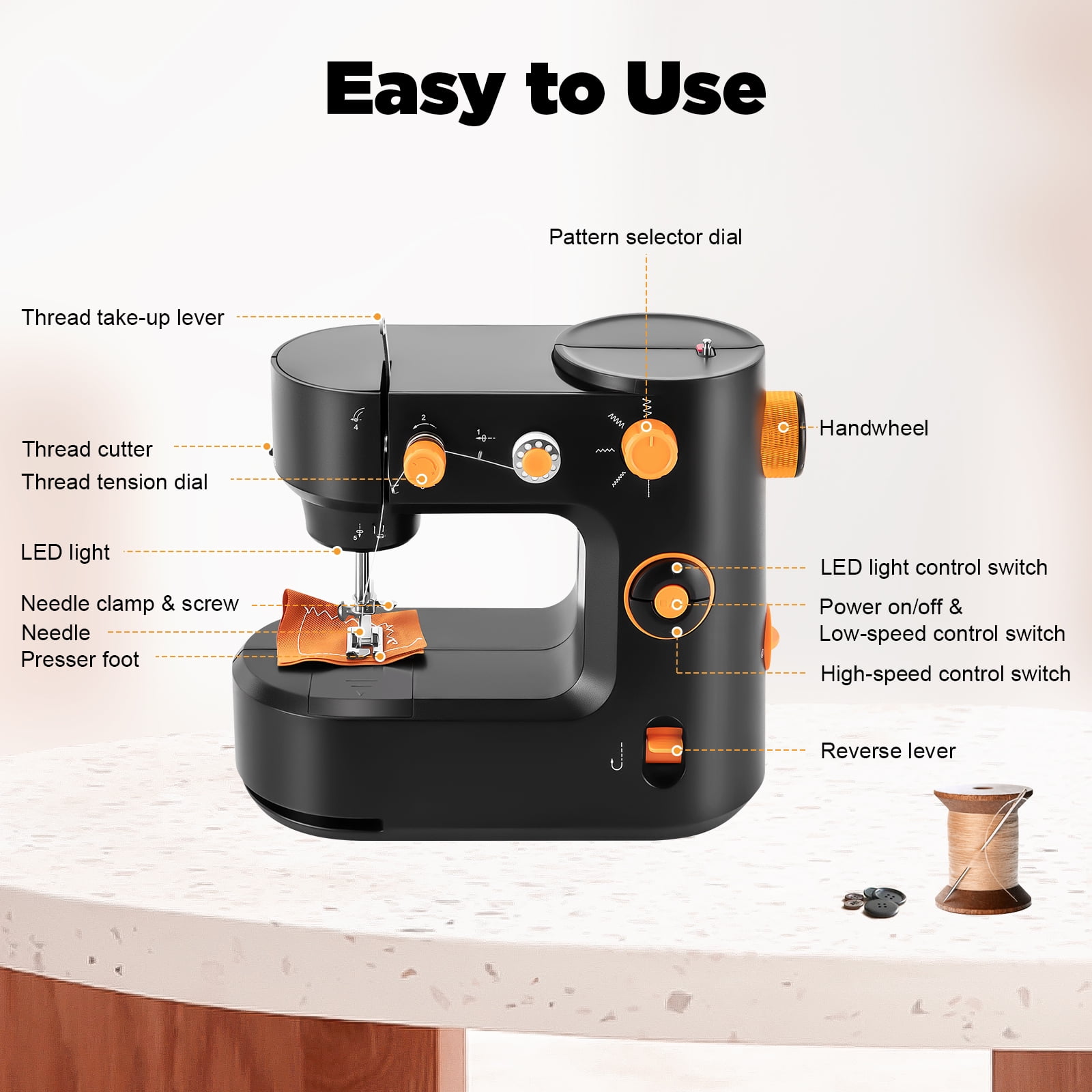 Mini Portable Sewing Machine for Beginners – Dual Speed Electric & Foot Pedal Operation, LED Light, 5 Stitch Patterns, Compact Handheld Sewing Kit – Black