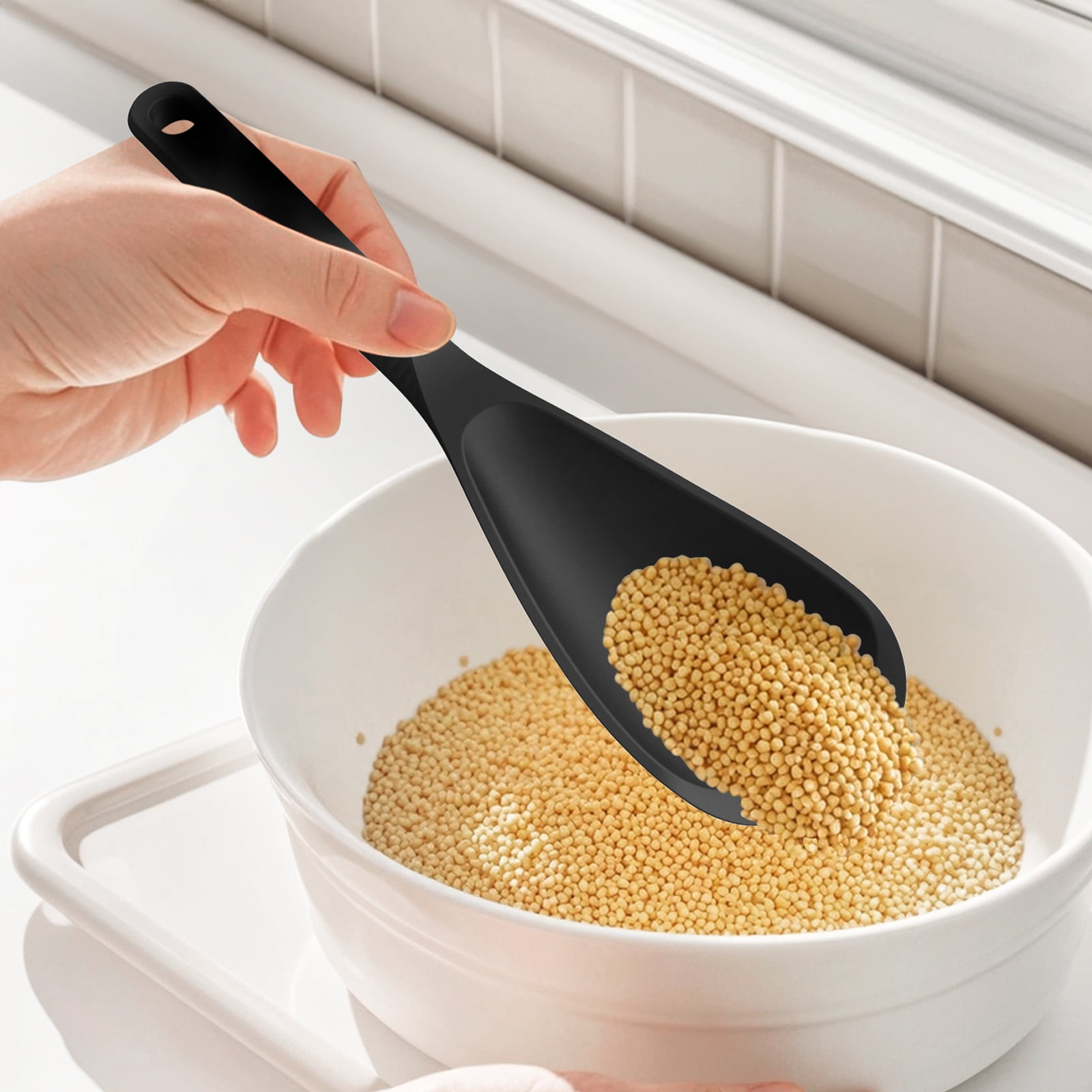 2 Pcs Heat Resistant Silicone Cooking Spoon Set - Food Grade Silicone Spatula Spoon for Mixing, Scoop, and Scrape, Dishwasher safe, Bpa Free (Black & Cream White)