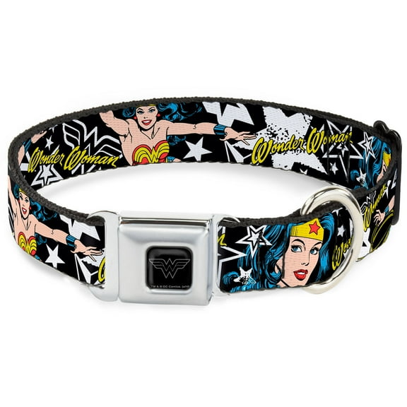 DC Comics Pet Collar, Dog Collar Metal Seatbelt Buckle, Wonder Woman Stars Black White, 11 to 16.5 Inches 1.0 Inch Wide