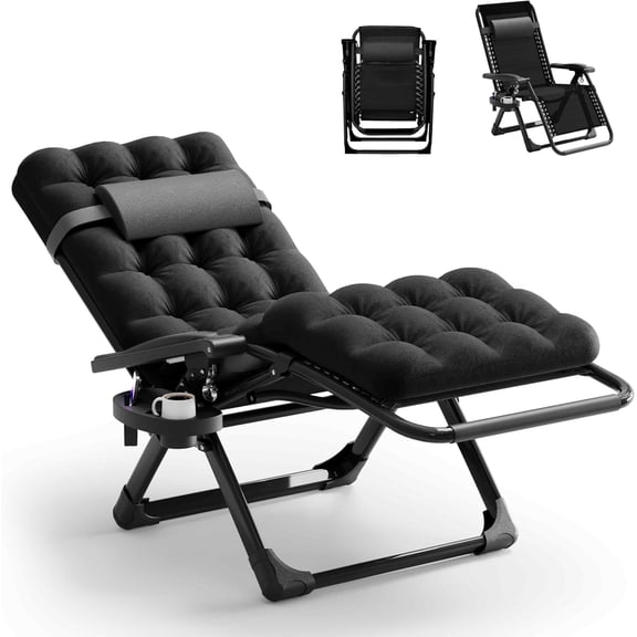 Zero Gravity Lounge Chair, Anti Gravity Lounger w/Removable Extra Thick Cushion, Upgraded Lock and Cup Holder, Folding Reclining Chairs Recliner for Patio, Camping, Indoor, Outdoor - Black
