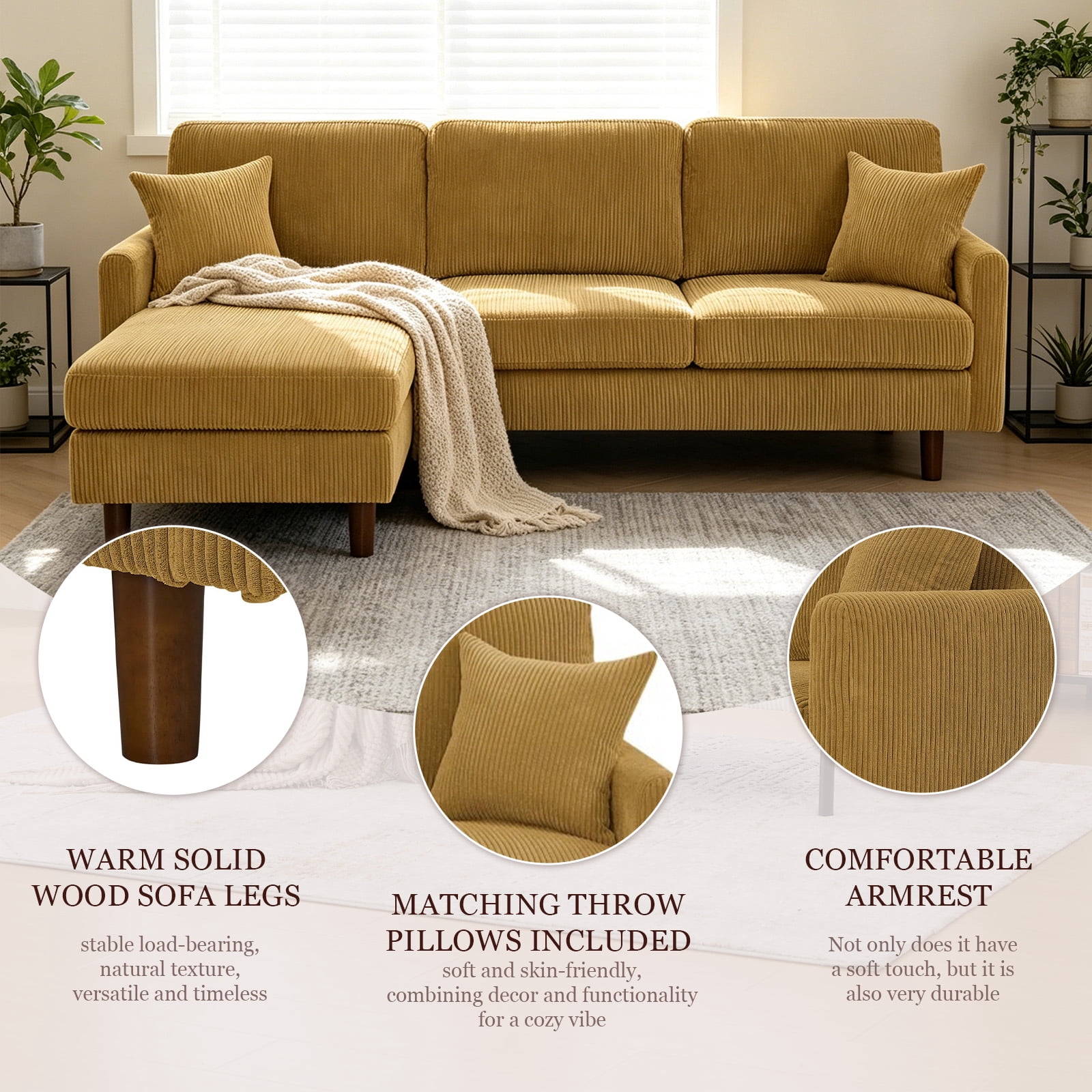 MOONMISS 93" Sectional Sofa , L-Shaped 3-Seat Sofa Couch with Chaise for Livingroom,Yellow