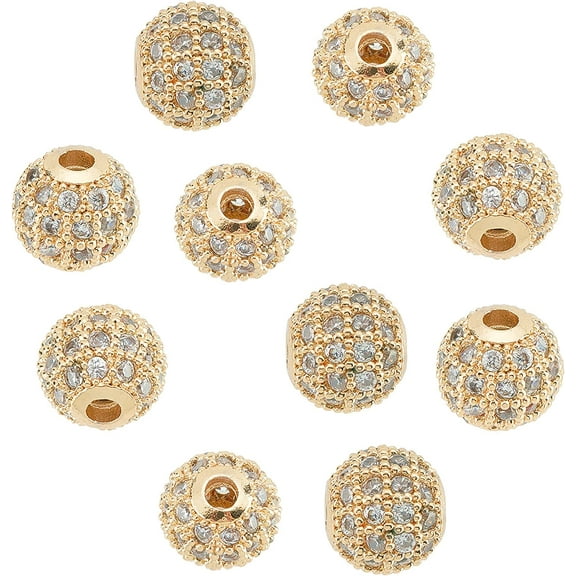 10 Pcs 8mm Golden Cubic Zirconia Brass Beads Clear Gemstones Cubic Zirconia CZ Stones Micro Pave Setting Disco Ball Spacer Round Beads for Bracelet Jewelry Making Clear