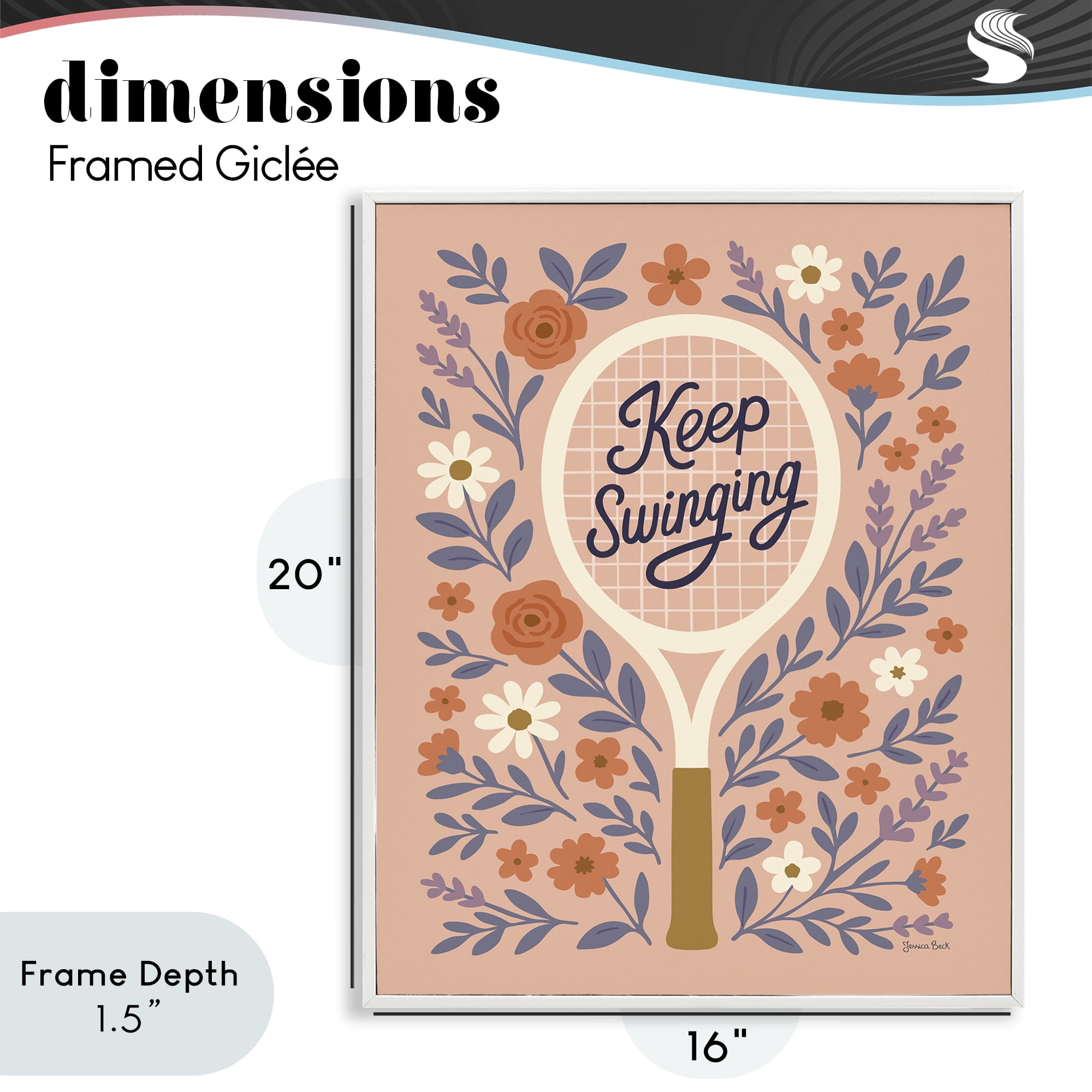 Stupell Industries Keep Swinging Floral Tennis White Framed Giclee Art, design by Jessica Beck