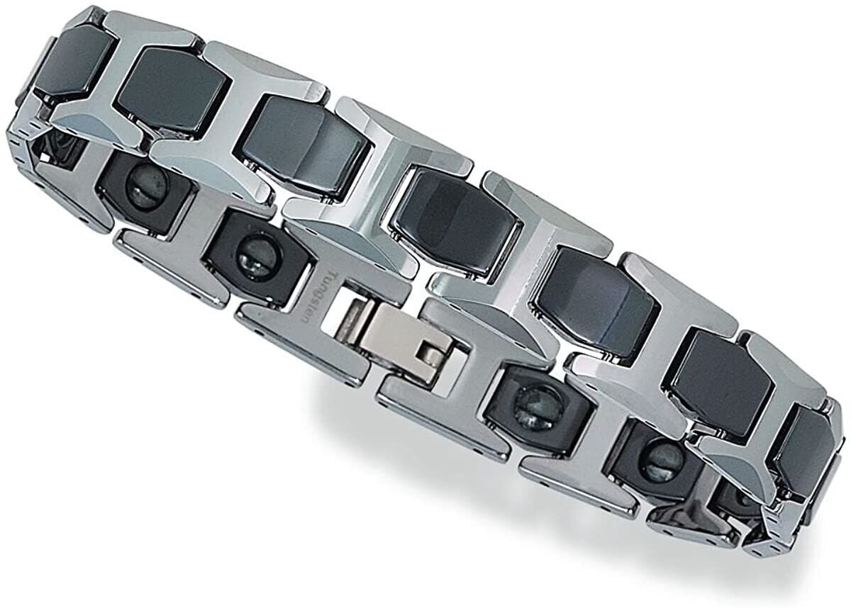 8.0" Mens Silver & Black Two-Tone Faceted Magnetic Tungsten Bracelet + Fancy Box
