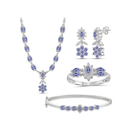 Diamond Tanzanite Jewelry Set - 3 3/4 Carat T.G.W. Tanzanite And White Diamond Accent Sterling Silver 4-Piece Jewelry set