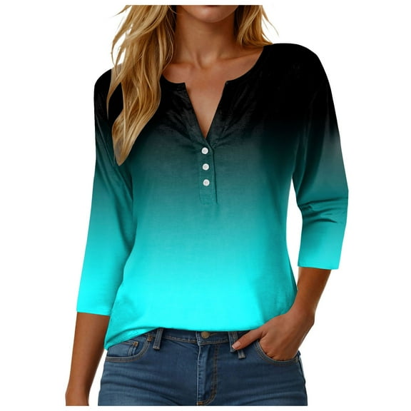 GEWSEY Women Summer Tops Casual Loose 3/4 Sleeve Button V Neck Short Sleeved T Shirt Striped Print Blouses (Sky Blue, M)