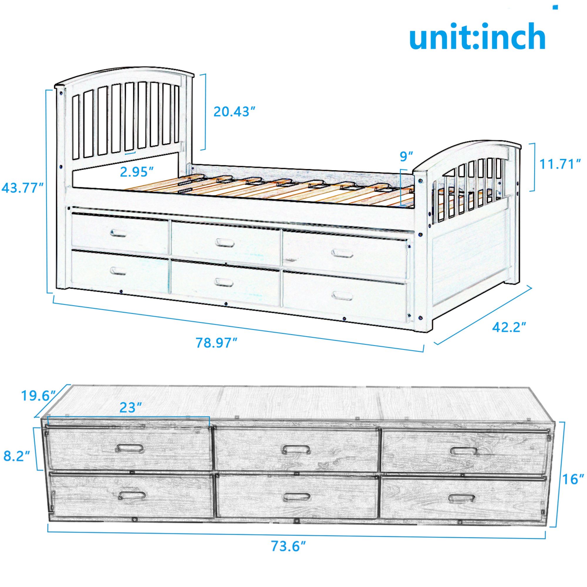 Aukfa 6 Drawers Platform Storage Bed, Solid Wood Captain Bed, Twin Size - Walnut