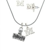 3-D ''Believe'' Stamp - M Initial Charm Necklace and Stud Earrings Jewelry Set