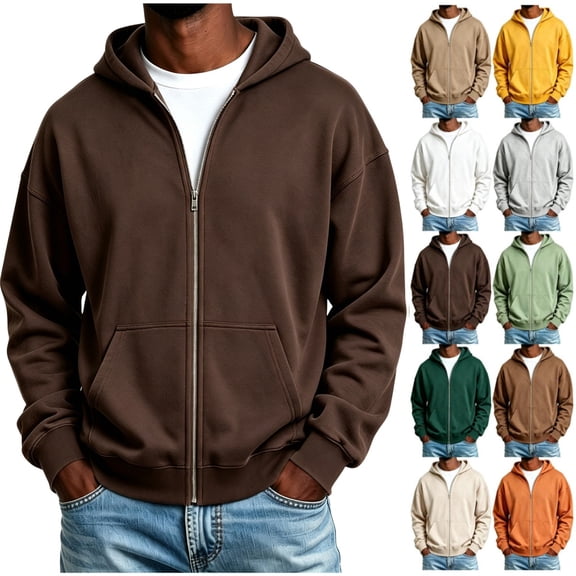 Men's Zip Up Hoodie Lightweight Warm Full Zipper Hooded Jacket Casual Baggy Basic Solide Color Windbreaker Coat