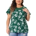 thumbnail image 1 of Blusa de mujer de talla grande Agnes Orinda con estampado floral, cuello redondo, encaje, mangas cortas acampanadas y abertura en la espalda, 2X verde, 1 of 5