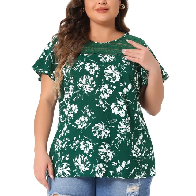 Blusa de mujer de talla grande Agnes Orinda con estampado floral, cuello redondo, encaje, mangas cortas acampanadas y abertura en la espalda, 2X verde