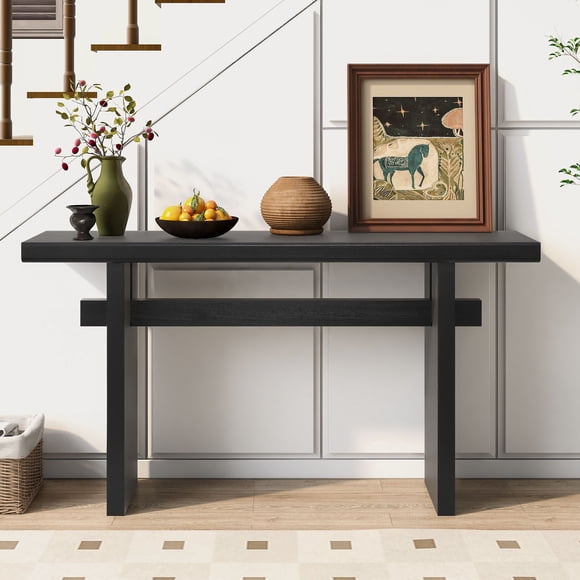 Black Farmhouse Console Table - 59.25" Long Entryway Sofa Table with Wood Grain MDF for Living Room, Hallway & Office Decor